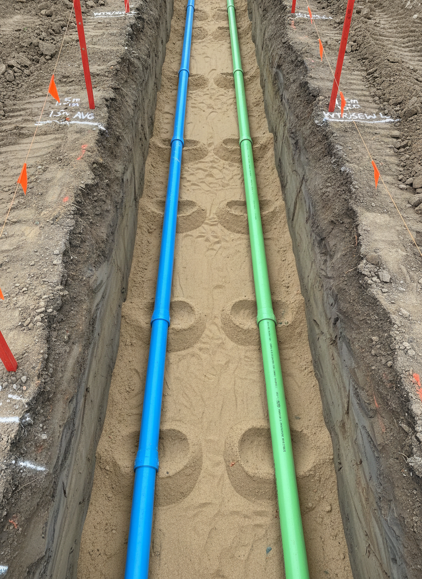 A precise trenching scene for sewer and water services, showing a straight, narrow trench with smooth, vertical walls and a carefully compacted sand bed. Inside, parallel runs of colored PVC pipes—one bright blue for water, one vivid green for sewer—are laid with uniform spacing and accurate grade, supported by evenly spaced pipe bedding. Survey marks and depth indicators are visible along the trench edge. Overcast daylight creates soft, even lighting with minimal shadows, emphasizing technical clarity. Captured from an overhead, slightly angled perspective with sharp focus, the photographic realism and orderly composition convey meticulous planning and expert plumbing and civil construction practices.