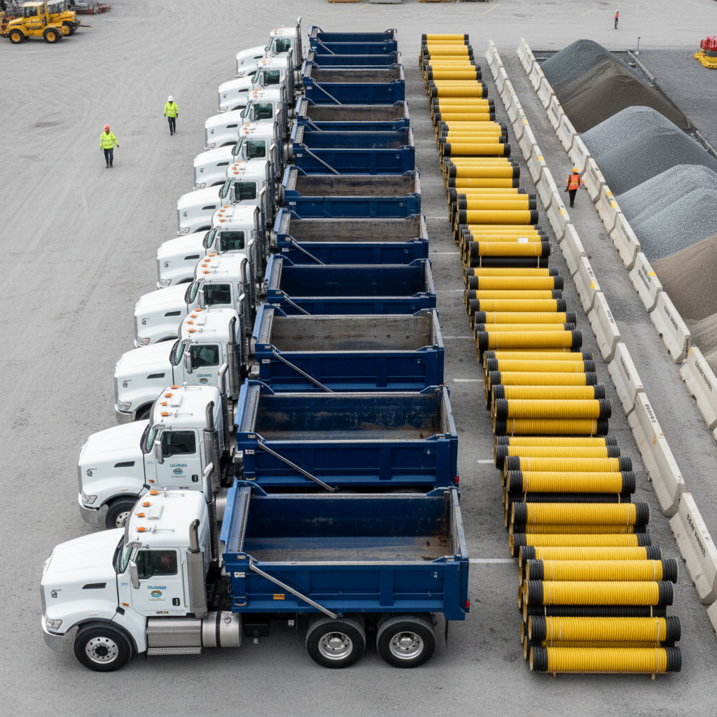 A meticulously organized civil construction staging yard featuring a row of heavy-duty dump trucks with clean, glossy white and blue bodies, parked on a smooth compacted gravel surface. Beside them, labeled pallets of drainage pipes, concrete barriers, and road base materials are arranged in precise lines. Overhead, bright but diffused overcast light provides even illumination, reducing harsh shadows and emphasizing clarity and order. The composition is a wide-angle, slightly elevated perspective, showcasing the full breadth of equipment and materials. The mood is efficient and professional, with photographic realism and a clean, modern aesthetic that communicates readiness for large-scale plumbing, civil, and haulage projects.